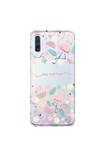 SAMSUNG - Galaxy A70 - Soft Clear Case - Clear Flamingo Handwritten
