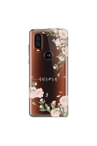 MOTOROLA by LENOVO - Moto One Vision - Soft Clear Case - Pink Rose Garden with Monogram