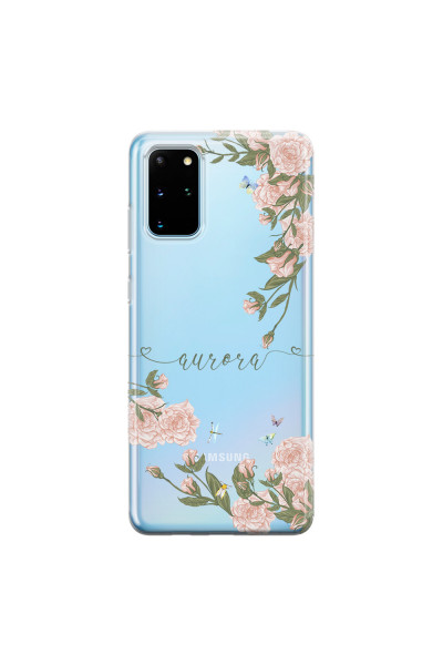 SAMSUNG - Galaxy S20 Plus - Soft Clear Case - Pink Rose Garden with Monogram Green
