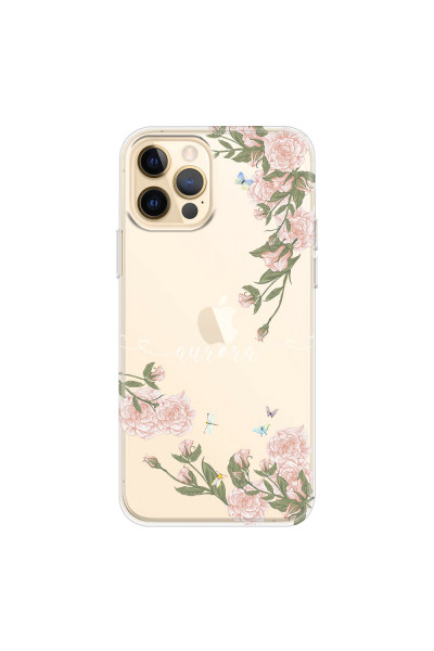 APPLE - iPhone 12 Pro - Soft Clear Case - Pink Rose Garden with Monogram White