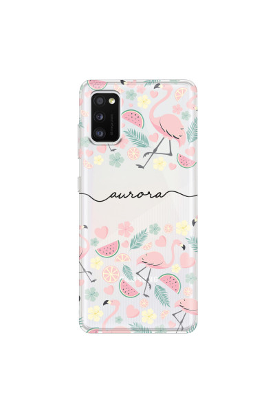 SAMSUNG - Galaxy A41 - Soft Clear Case - Clear Flamingo Handwritten Dark