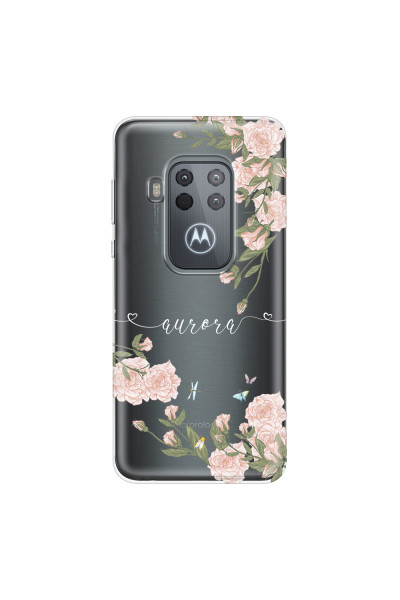 MOTOROLA by LENOVO - Moto One Zoom - Soft Clear Case - Pink Rose Garden with Monogram White