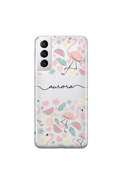 SAMSUNG - Galaxy S21 Plus - Soft Clear Case - Clear Flamingo Handwritten Dark