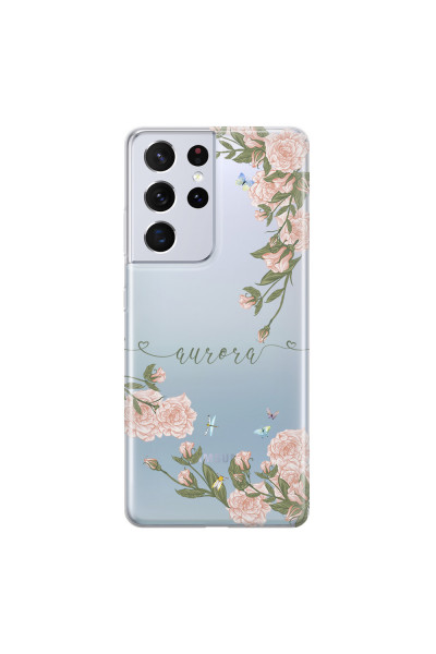 SAMSUNG - Galaxy S21 Ultra - Soft Clear Case - Pink Rose Garden with Monogram Green