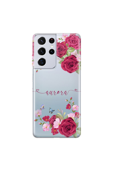 SAMSUNG - Galaxy S21 Ultra - Soft Clear Case - Rose Garden with Monogram Red