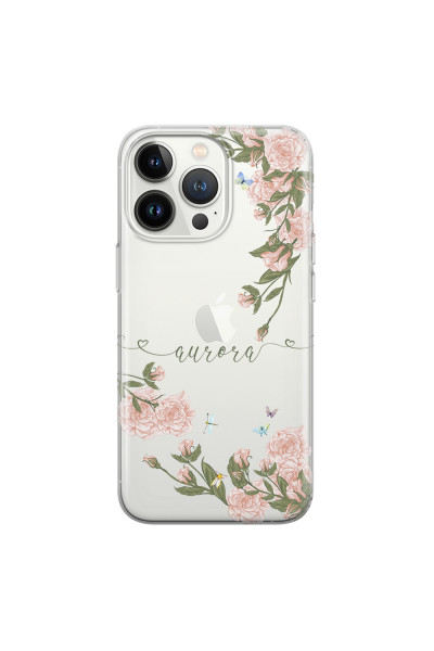 APPLE - iPhone 13 Pro Max - Soft Clear Case - Pink Rose Garden with Monogram Green