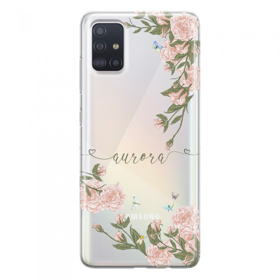 SAMSUNG - Galaxy A71 - Soft Clear Case - Pink Rose Garden with Monogram Green