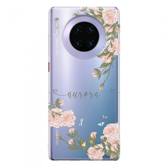 HUAWEI - Mate 30 Pro - Soft Clear Case - Pink Rose Garden with Monogram Green