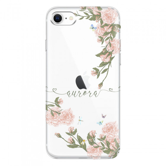 APPLE - iPhone SE 2020 - Soft Clear Case - Pink Rose Garden with Monogram Green