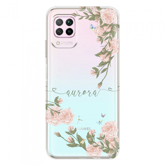 HUAWEI - P40 Lite - Soft Clear Case - Pink Rose Garden with Monogram Green
