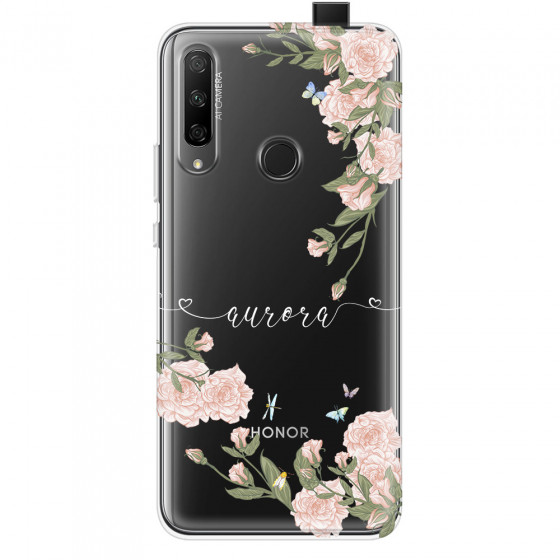 HONOR - Honor 9X - Soft Clear Case - Pink Rose Garden with Monogram White