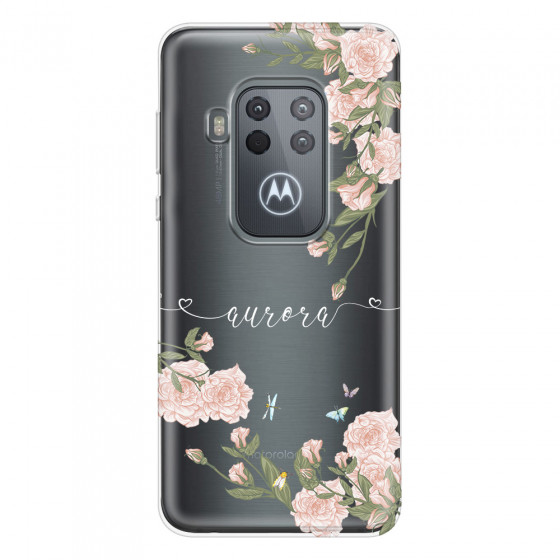 MOTOROLA by LENOVO - Moto One Zoom - Soft Clear Case - Pink Rose Garden with Monogram White