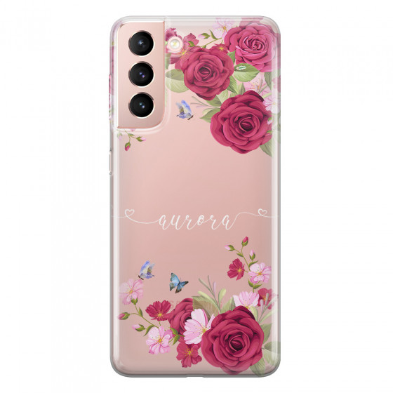 SAMSUNG - Galaxy S21 - Soft Clear Case - Rose Garden with Monogram White