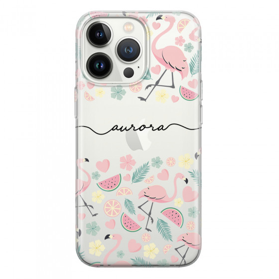 APPLE - iPhone 13 Pro Max - Soft Clear Case - Clear Flamingo Handwritten Dark
