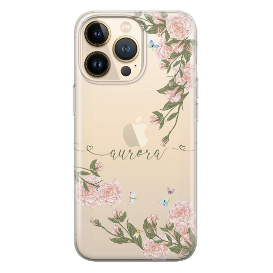 APPLE - iPhone 13 Pro - Soft Clear Case - Pink Rose Garden with Monogram Green
