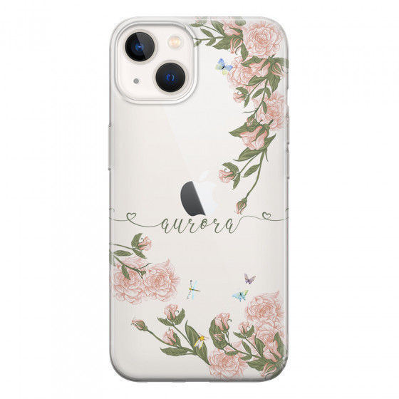 APPLE - iPhone 13 - Soft Clear Case - Pink Rose Garden with Monogram Green