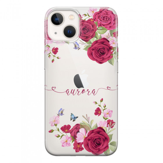 APPLE - iPhone 13 - Soft Clear Case - Rose Garden with Monogram Red